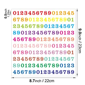 Feuille d'autocollants numérotés en vinyle imperméable coloré avec des chiffres de 0 à 9 clairs.
