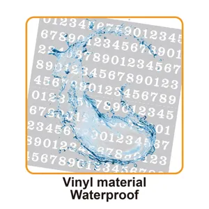 Vue détaillée d'une feuille d'autocollants numériques en vinyle imperméable avec effet d'eau.