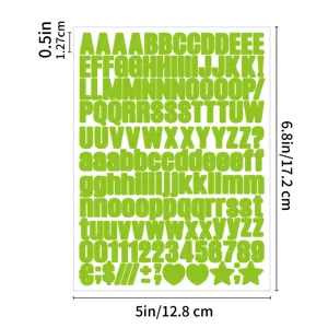 Close-up detail of green adhesive letter and number stickers sheet, showing clear fonts.