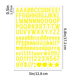 Kleurrijke gele alfabet- en cijferstickers voor dagboek en doe-het-zelf knutselen, waterdicht.