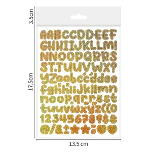 Feuille d'autocollants lettres chiffres dores pailletes avec dimensions pour loisirs creatifs.