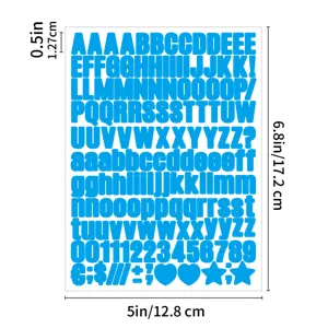 Detail view of 0.5 inch bold letter and number sticker sheet with clear product dimensions.