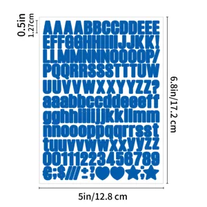 Blue adhesive letters numbers stickers set, DIY craft labels, 5x6.8 inch waterproof alphabet decals.