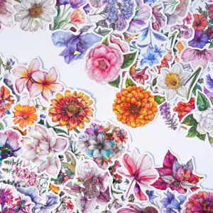 Vista dettagliata di vari adesivi in vinile per fiori olografici impermeabili.