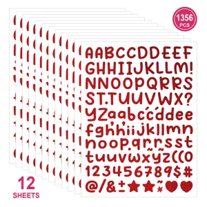 set de 0.5 pouces autocollants alphabet paillettes rouges 12 feuilles 1356 pcs pour diy loisirs