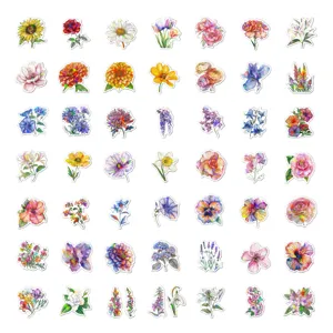 Vista dettagliata di vari adesivi floreali ad acquerello, adesivi di fiori in vinile deco.