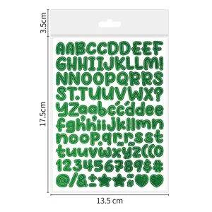 Feuille d'autocollants alphabet pailletés verts avec chiffres et symboles pour loisirs