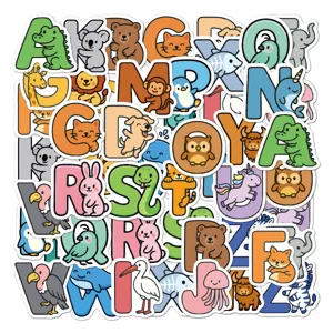 Schattige cartoon dieren alfabet stickers set, waterdichte vinyl sticker voor waterflessen
