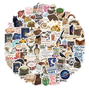 Vintage reading book stickers details, waterproof vinyl scrapbook decoration elements showing close up.