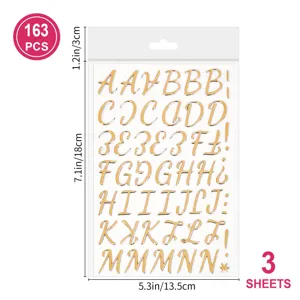 3D gold metallic alphabet bubble stickers, 163 pcs 3 sheets DIY planner decorative letters