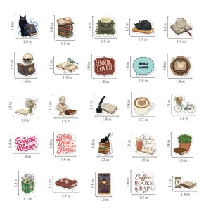 Vintage reading sticker detail showing dimensions and diverse bookish aesthetic designs.