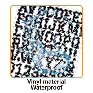 Dettaglio adesivo alfabeto laser, lettere in vinile riflettente, decalcomania impermeabile.
