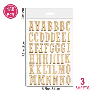 Gold 3D alphabet sticker detail, glossy metallic letter sheet for journaling and DIY crafts.