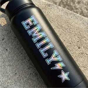 Bottiglia d'acqua con nome olografico personalizzato, adesivo riflettente per regali.
