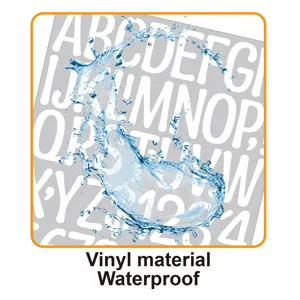 Primer plano de pegatinas de letras y números de vinilo de 2 pulgadas, impermeables y para bricolaje.