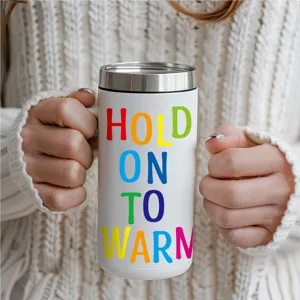 Taza térmica blanca con texto colorido, termo de acero inoxidable para café y bebidas calientes.