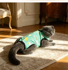 Detailed view of soft elastic cat recovery suit with cute print, comfortable post-surgery wear.