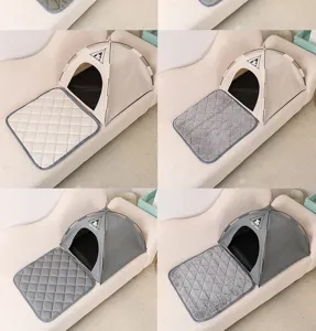 Primo piano dei dettagli della tenda per animali con opzioni di colore e cuscini lavabili.
