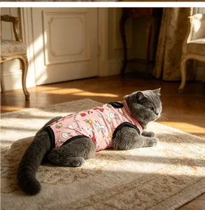 Cute cat recovery suit pink surgical onesie anti-licking breathable pet clothes for cats.
