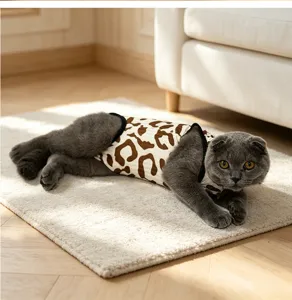 Leopard print cat recovery suit, soft breathable post-surgery onesie for pets cat wear.