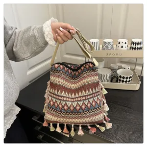 Femmes Style Ethnique Sac Bandoulière Tressé à Glands Motif Géométrique Rétro Sac à Main d'Épaule en Toile Voyage Loisir