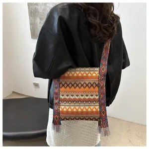 Sac bandoulière tissé ethnique vintage large sangle sac porté croisé pour femmes mode