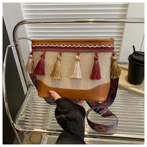 Sac à bandoulière en toile style ethnique avec pampilles, sac rétro pour femme.