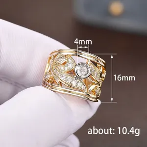 Wide two-tone cutout leaf ring with sparkling zircons, detailed size 16mm width, fashion jewelry.