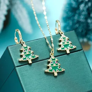Elegante conjunto collar pendientes arbol de navidad, dorado esmalte verde circonita.