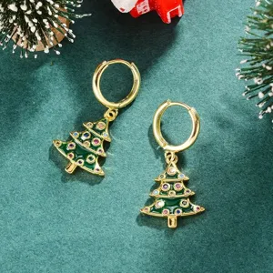 Pendientes de árbol de Navidad, circonitas de colores chapados en oro, joya navideña.