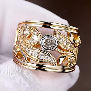 Trendy Two Tone Copper Zirconia Inlaid Wide Band Ring Hollow Leaf Geometric Pattern Ring Jewelry For Women Office Casual Wear