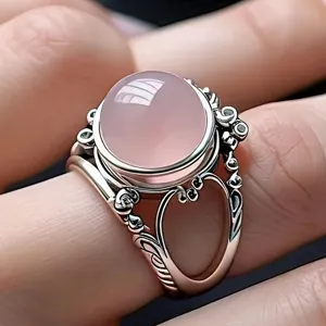 Anillo vintage de resina rosa para mujer joyería de dedo statement plateada elegante
