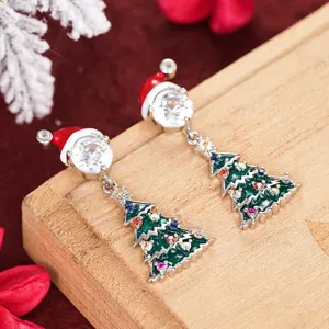 Pendientes de árbol de Navidad con gorro de Papá Noel y circonitas de colores para regalos de fiesta.