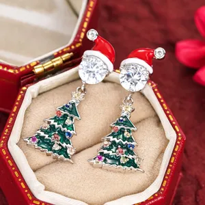 Pendientes de árbol de Navidad con gorro, pendientes colgantes de circonita para mujeres.