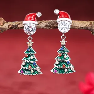 Pendientes de árbol de Navidad con gorro, circonitas cúbicas de colores, joyas festivas mujer.