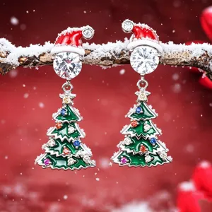 Pendientes de árbol de navidad con sombrero y piedras de colores, joyas festivas para mujer.