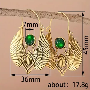 Vintage Egyptian scarab beetle earrings with green stone detail view showcasing 45mm height.