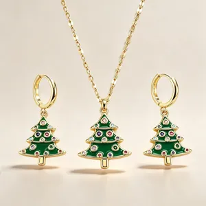 Juego de Joyas de Árbol de Navidad de Cobre Tono Dorado Esmalte Verde Colgante de Strass Colorido Collar Cadena en O Pendientes para Mujer Regalo de Fiesta