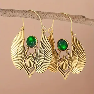 Vintage Egyptian scarab wing earrings with green stone, boho retro gold drop earrings for women.
