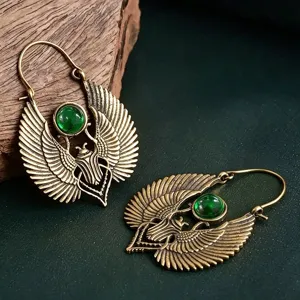 Bohemian vintage wing scarab earrings with green gemstone retro bronze drop earrings fashion