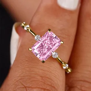 Anillo de oro con circón rosa talla radiante, anillo de compromiso de lujo.