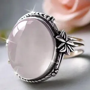Vintage Copper Distressed Faux Moonstone Ring For Women Neo-Chinese Style Floral Geometric Inlaid Rhinestone Band Ring Jewelry Gift
