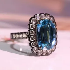 Anillo Gótico de Cobre Oro Negro Con Circonia Azul Marino Incrustado Lujo Geométrico Cóctel Joyería de Dedo para Mujer