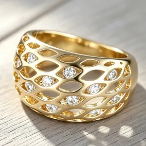 Luxus Kupfer Zirkonia Geometrisches Gitter Breitband Offener Fingerring Für Damen Vintage Elegant Pendeln Schmuck Geschenk Vergoldeter Hohlring