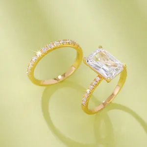 Conjunto de dos anillos geométricos cuadrados, joyas de compromiso elegantes para mujeres.