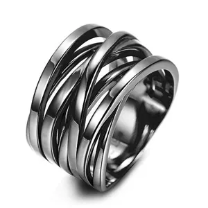 Anillo ancho cruzado tejido de metal negro para hombre joya estilo hip hop moderno