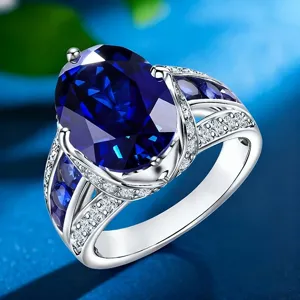 Elegante Anillo Ovalado de Cobre con Zafiro de Imitación Lujoso Anillo de Cóctel Geométrico Chapado en Platino con Strass para Mujer Joyería de Banquete de Negocios Regalo