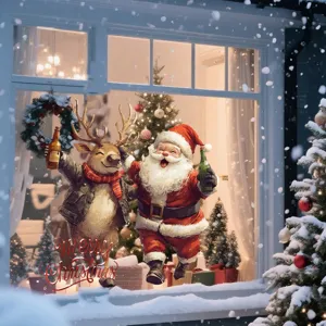 Christmas Window Static Stickers Cute Santa Claus Snowman Reindeer Printed PVC Glass Film Decals For Holiday Home Decor