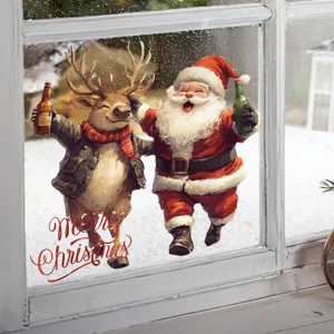 Christmas window stickers cute Santa reindeer static glass clings holiday home decor