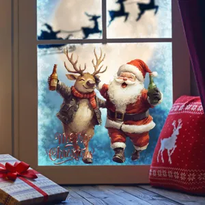 Christmas window sticker featuring cute Santa Claus and reindeer with festive text.